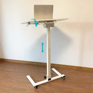 Fully Foldable Mobile Desk Height Adjustable Tiltable Tabletop Low Profile Base Wheeled Sit Stand Workstation for Office