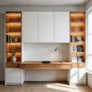 Functional Modern Desk Open Shelves Drawers White Wood Finish Integrated Bookshelf Home Office Living Room Furniture