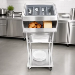 Functional Stainless Steel Breakfast Cart with Bread Box and Cutlery Storage Mobile Hotel Buffet Service Trolley with Wheels