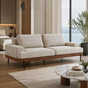 Furniture Factory Supply Modern Style Sofa White Solid Teak Wood Sofa Bed Metal Legs Fabric Eco Friendly for Hotel Living Room