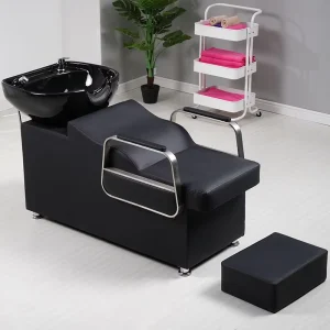 GEDO Modern Semi Reclining Ceramic Basins Hair Washing Chair PU Leather Shampoo Bed Easy to Clean for Hair Salon