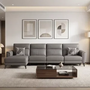 Genuine Leather L Shaped Sectional Sofa Modern 4 Seat Couch with Chaise Lounge Grey Leather Sofa Set for Living Room Furniture