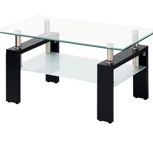 Glass Coffee Table Living Room Furniture Tempered Glass Top Clear Glass Black Legs Width 34.6 Inches 88 Cm