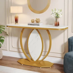 Gold Entryway Modern Console Table Faux Marble Narrow Sofa Tables With Geometric Metal Frame