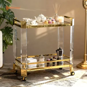 Gold Frame Rolling Cart Hotel Luxury Mobile Acrylic Serving Food Trolley for Restaurant