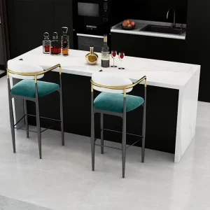 Gold Metal Accent Blue Curved Bar Stool With Velvet Seat