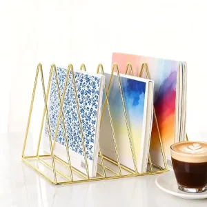 Gold Plated Office File Rack Pyramid Book Magazine Holder for Office
