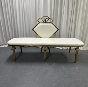 Gold Stainless Steel Geometric Back Bench White PU Upholstered Loveseat for Wedding Banquet Hotel Factory Custom