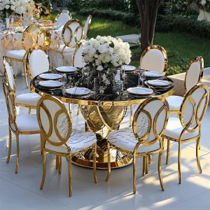 Gold Stainless Steel Modern Art Design Wedding Dining Table Tempered Glass Top Durable Easy Clean Hotel Use