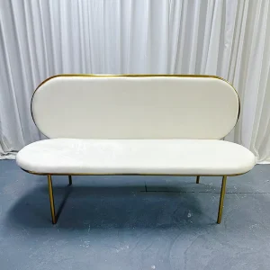 Gold Stainless Steel Oval Back Bench White Velvet Upholstered Loveseat for Wedding Banquet Hotel Factory Custom