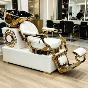 Golden Reclining Shampoo Chair Salon Hair Washing Bed with Ceramic Basin Professional Backwash Unit for Barbershop