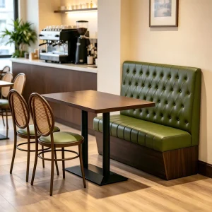 Green Button Tufted Restaurant Booth Sofa Restaurant Furniture Set Wooden Table Rattan Chairs Combo for Modern Cafe Restaurant