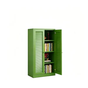 Green Freestanding Louvered Door Bookcase Dustproof Iron Bookshelf Storage Cabinet Living Room Home Office Display Cabinet