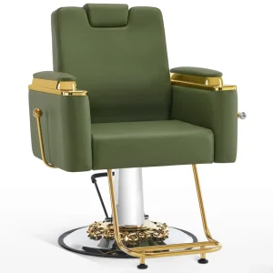 Green Hairdressing Chair Modern Color Leather Round Bottom Salon Furniture Recliner Chair Large Hydraulic Pump Barber Chair