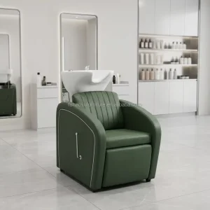 Green Leather Shampoo Chair with White Bowl Adjustable Footrest for Lady Hair Beauty Salon