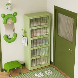 Green Metal Shoe Rack Cabinet with Door Multi layer High capacity Shoe Rack for Large Families