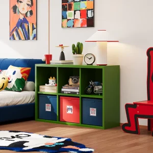 Green Metal TV Stand with Storage for Bedroom and Living Room Modular Grid Cabinet