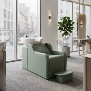 Green Salon Shampoo Chair with Foot Stand Ceramic Shampoo Bowls Sink and Chairs Hair Salon Wash Chairs for Barber Shop