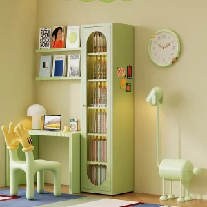 Green Steel Children’s Corner Bookshelf with Carbon Steel and Glass Door Adjustable Shelves for Narrow Bookcase