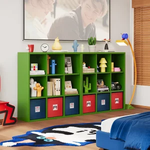 Green Steel TV Stand with Open Shelves for Bedroom Modern Modular Grid Storage Cabinet