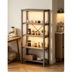 Grey 4-Tier Industrial Bookshelf Open Storage Shelving Unit with Black Metal Cross Braces