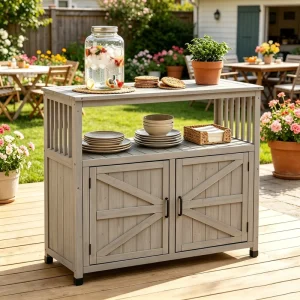 Grey Wooden Patio Bar Table Set with Storage Buffet Cabinet Sideboard Perfect for Both Indoor and Outdoor Use
