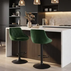 Grid Tufted Scoop Bar Stool Horseshoe Footrest Matte Black Base 360 Swivel Height Adjustable for Kitchen Pub Counter Lounge
