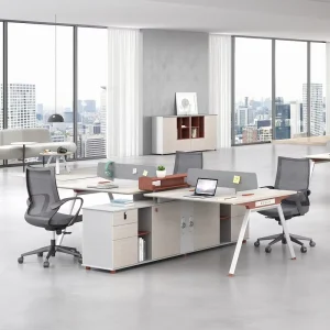 Guangdong Production Modern Extendable 4-Person Modular Cubicle Office Workstation Desk with Wooden Panel Design