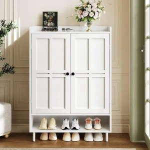 HANYEE White 2 Door Shoe Cabinet Movable Shelves Round Corners Adjustable Legs Bottom Storage Easy to Clean