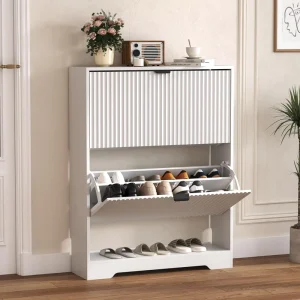 HANYEE White Fluted 2 Flip Drawer Shoe Cabinet Waterproof Desktop Metal Handles Adjustable Panel AntiToppling Entryway Storage