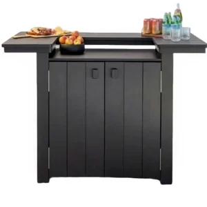 HDPE Modern Outdoor Bar Table with Storage Cabinet Dual Shelves Drink Holders Weatherproof for Patio Park Use