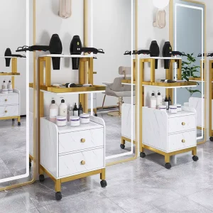 Hair Stylist Metal Barber Tool Trolley with Wooden Drawer Salon Furniture for Hair Kitchen Hotel Hospital Made Plastic