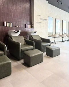 Hairdresser Salon Head Spa Washing Green Shampoo Chair with Foot Stand Ceramic Shampoo Bowls Sink and Chairs for Barber Shop