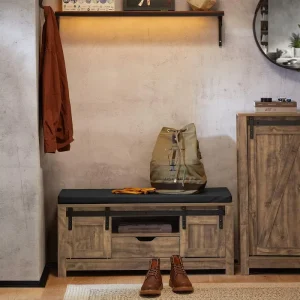 Hallway Shoe Bench Shoe Cabinet Shoe Rack with 2 Sliding Doors Storage Bench with Removable Seat Cushion