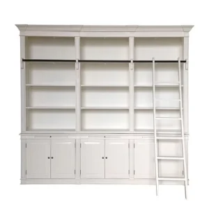Hamptons French Provincial Style White Stain 3 Bay Library Bookcase with Ladder