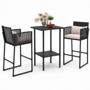 Hand Woven Rattan Contemporary Design Bar Stool 3 Pieces Set Rustproof Iron Frame High Bar Chairs Soft Cushion for Hotel Home