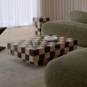 Handcrafted Checkerboard Marble Coffee Table Sets Travertine & Rosso Levanto Splicing Design for Living Room