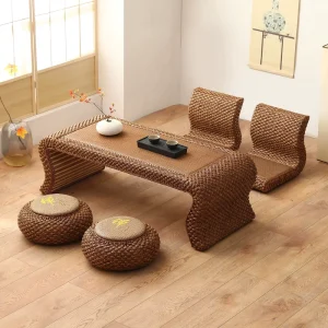 Handwoven Bamboo and Rattan Coffee Table Set Zen Japanese Style for Tea Ceremonies and Relaxation