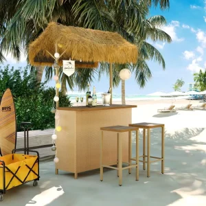 Hawaiian style Bar Height Patio Set Outdoor Bar Table and Stools with Adjustable Feet Acacia Wood Top Natural