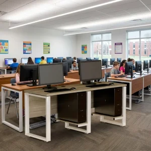 Heavy Duty 2 Person Computer Workstation Desk with CPU Shelf Metal Frame Wood Laminate Top for School University Office