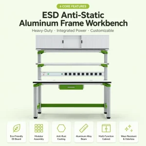 Heavy Duty Aluminum Alloy Anti Static Workbench Modular ESD Workstation with Power Outlets Drawer and Upper Cabinet