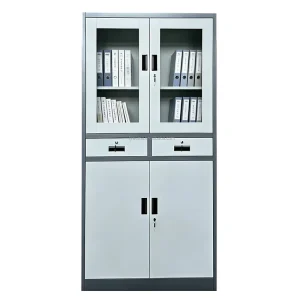 Heavy Duty Cold Rolled Steel Filing Cabinet with Glass Display 2 Central Drawers and Lockable Base Storage