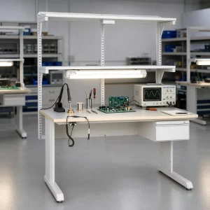 Heavy Duty ESD Workbench for Electronics Assembly Anti Static Steel Workstation with LED Lighting and Overhead Shelves