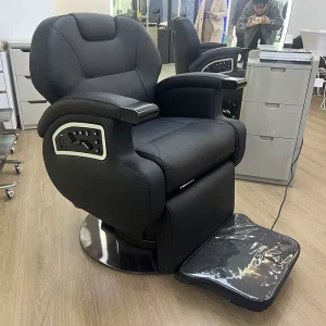 Heavy Duty Electric Reclining Hair Salon Black Leather Vintage Barber Shop Chair for Men with Massage