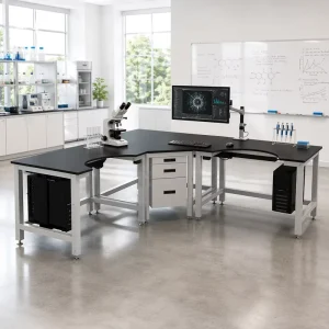 Heavy Duty L Shape Laboratory Workstation Ergonomic Cockpit Cutout Epoxy Resin Top Steel Frame for University R&D QC Lab