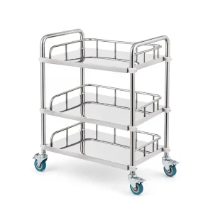 Heavy Duty Medical Grade Stainless Steel 3 Tier Hospital Trolley with Full Surround Guard Rails Silent Brake Casters Nursing Car