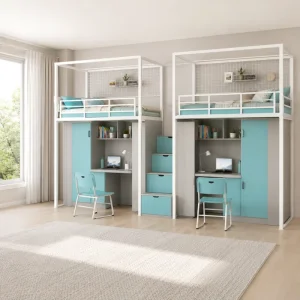 Heavy Duty Metal Bunk Bed with Double Study Desk and Wardrobe, 2 Person Bed for School and Apartment Use