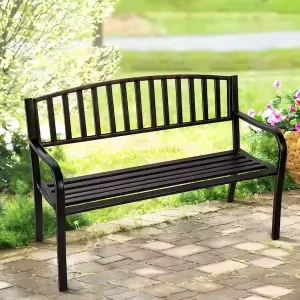 Heavy Duty Metal Garden Bench Weather Resistant Black Slatted 2 Seater Outdoor Patio Park Bench for Yard Lawn Backyard