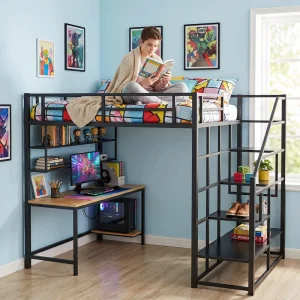 Heavy Duty Metal Loft Bed With Integrated Desk Thickened Iron Frame Space Saving High Bed for Student Dormitory Apartment