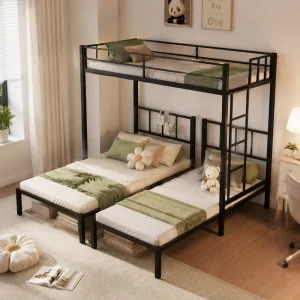 Heavy Duty Metal Loft Bed with 2 Twin Beds Underneath Twin XL L Shaped Triple Bunk Bed for Dormitory Apartment Noise Free